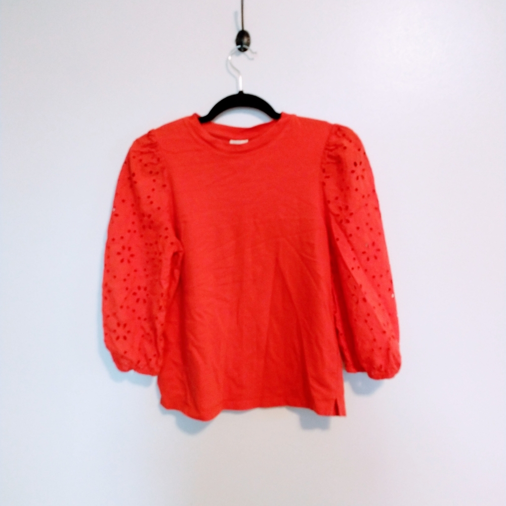 A New Day orange red top with eyelet cutout sleeves size small